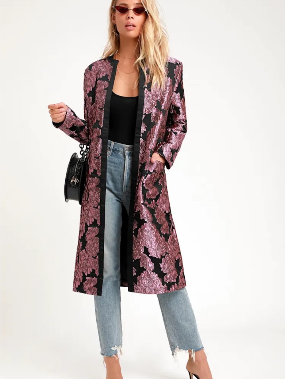 Lulu's lilac purple Floral Brocade Long Blazer Coat